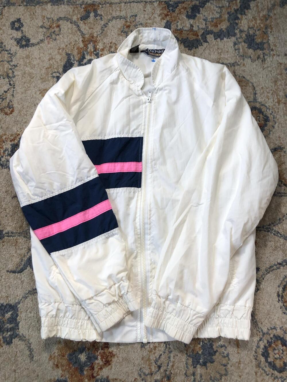 Duckster Windbreaker Jacket Womens M White Pink Navy Stripe Vintage Retro USA